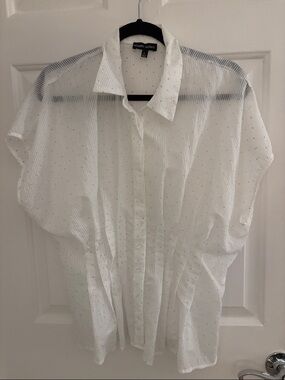 Modern Works Women's White Sheer Button-Down Shirt with Dot Texture